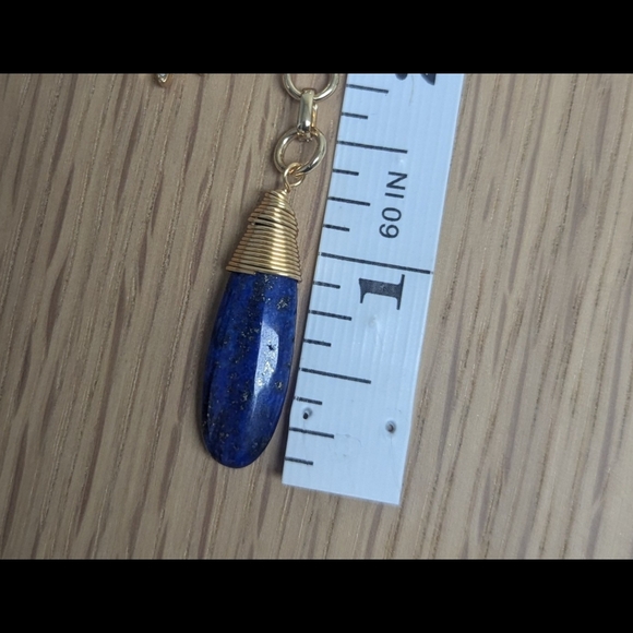 Blue Lapis Lazuli Pendant Necklace Gold Paperclip Chain Pearl & Starburst Accent - Picture 5 of 8